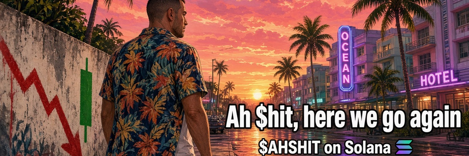 Man in a tropical shirt walking a neon-lit Miami street at sunset. Ah $hit, here we go again, $AHSHIT on Solana
