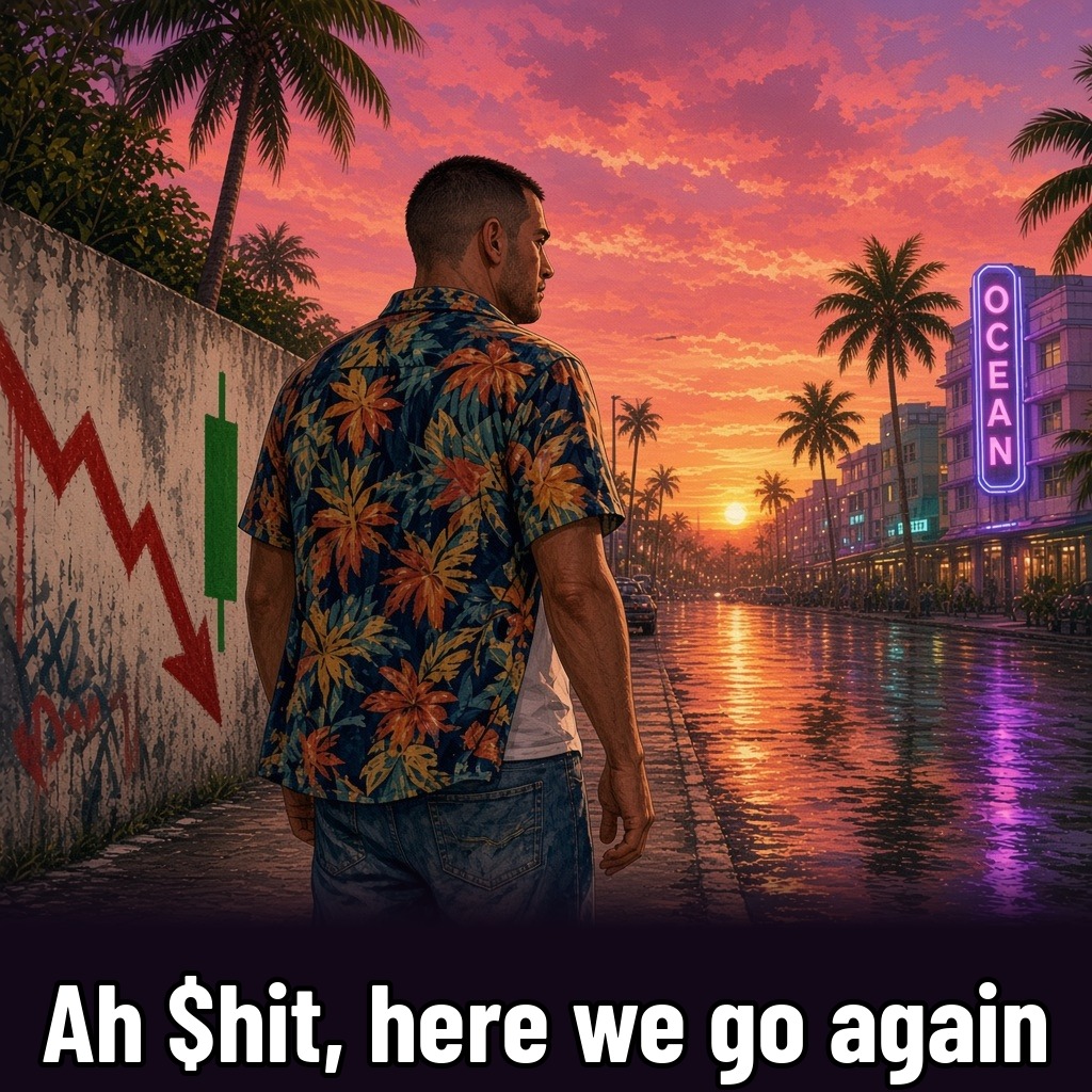 Launch meme: man in a tropical shirt at sunset, captioned Ah $hit, here we go again